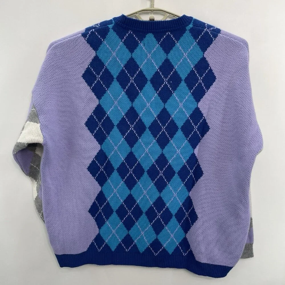 Asos Design Argyle Sweater Crew Neck Knit Preppy Oversized Purple Blue Mens XL